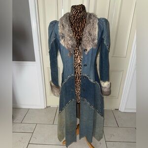 Vintage Denim Duster Coat Real Fur Trim Rhinestone Western Glam Statement Small